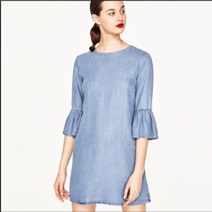 ZARA Premium Denim Chambray Bell Sleeve Mini Dress